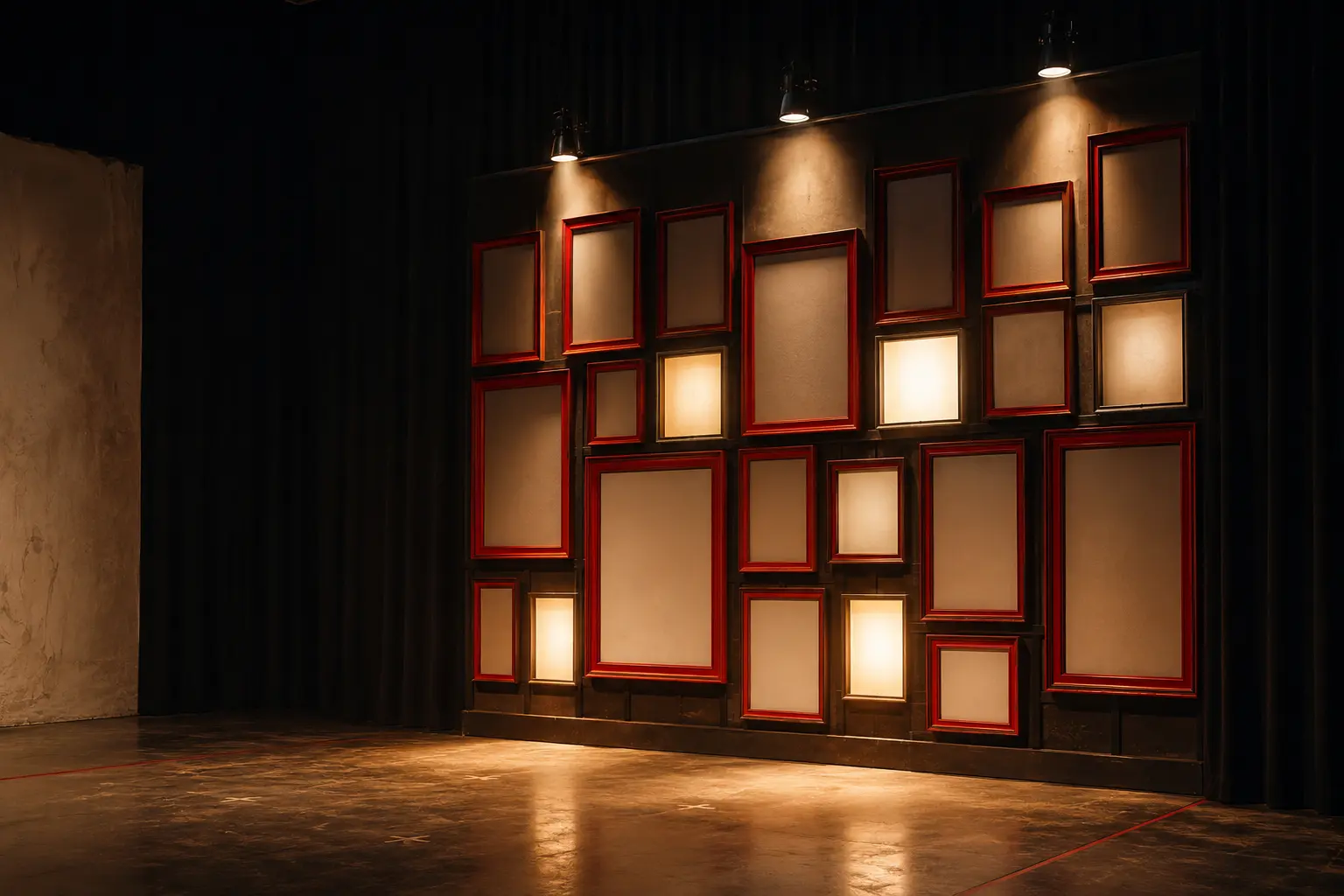 An empty gallery wall of illuminated casting frames on a cinematic soundstage
